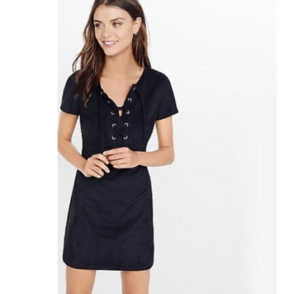 Express Black Lace-Up Suede Mini Dress 6 Dark Academia Edgy Fall School Girl - Picture 2 of 9